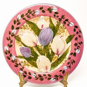 Lesal Home Hand Painted Floral Ceramic Plate Signed California 11” Tulip Decor